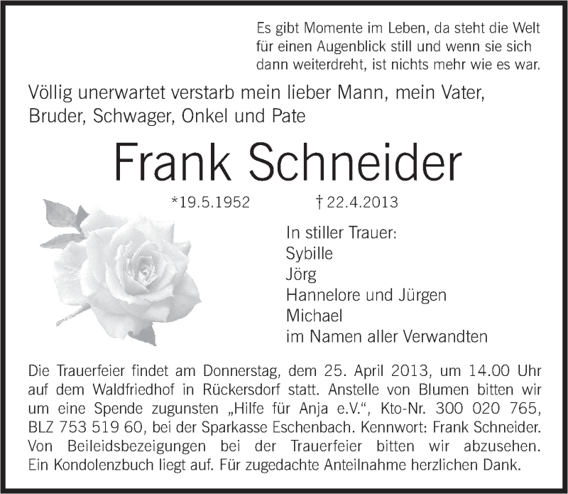  Traueranzeige für Frank Schneider vom 24.04.2013 aus Pegnitz-Zeitung